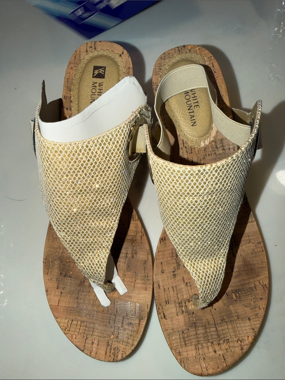 White Mountain Cream Mesh Thong Sandals with Cork-Look Footbed